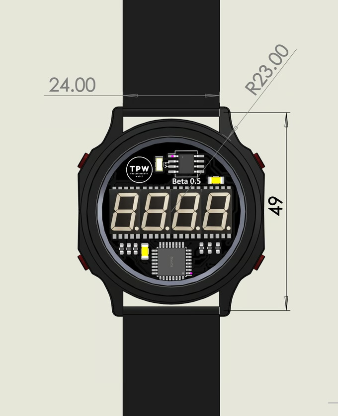 DIGIduino的基本尺寸，錶面半徑為23 mm。