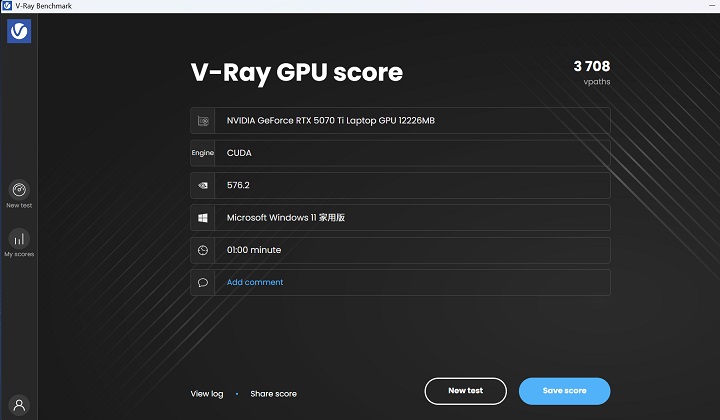 VRay5 benchmark 下的 V-Ray GPU CUDA 效能測試中，於 GPU 上進行渲染，綜合圖形運算效能為 3,708 分。