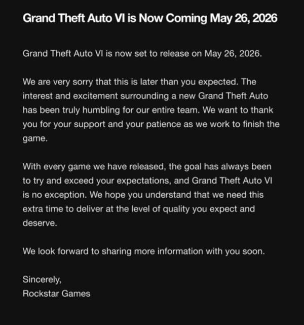 《俠盜獵車手 GTA 6》確定延期至 2026 年，官方公告瀏覽破億引爆玩家熱議