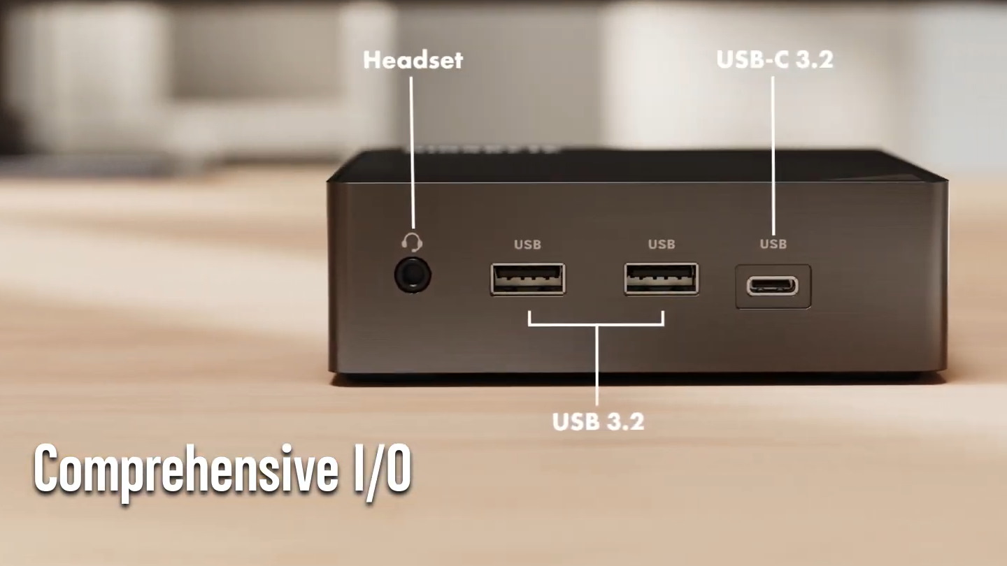 機身前方具有2組USB 3.2 Gen2，以及USB 3.2 Gen2 Type-C、耳機麥克風複合端子各1組。
