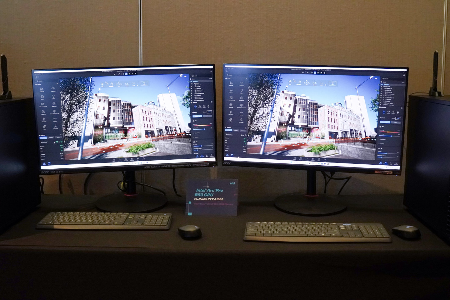 另一組範例為使用Arc Pro B50與NVIDIA RTX A1000執行3D繪圖。