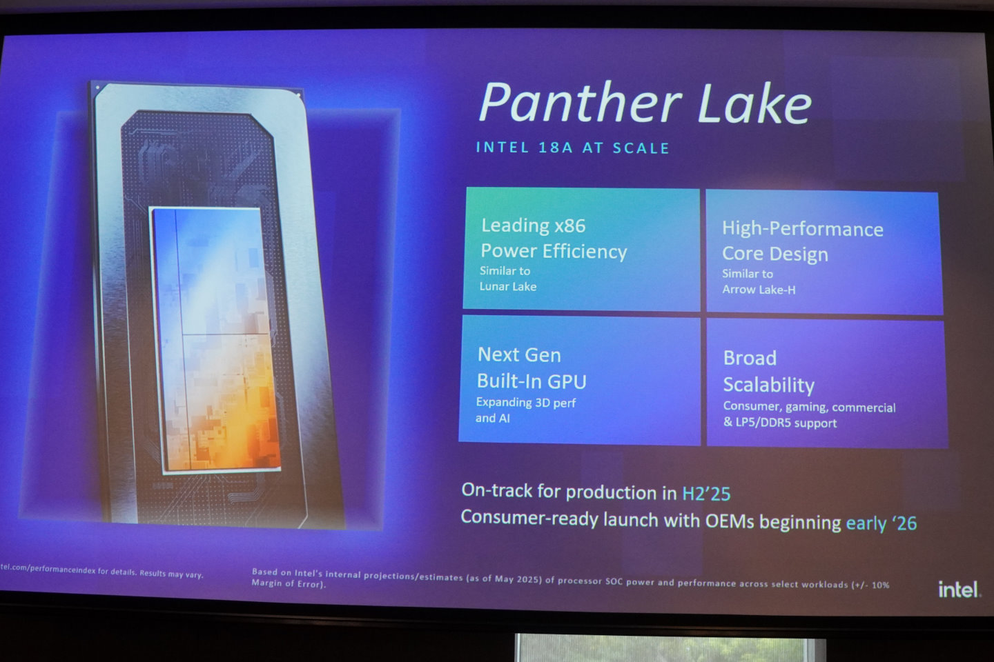 Panther Lake預計於2025年下半開始生產，對應的筆記型電腦預計於2026年早期推出。