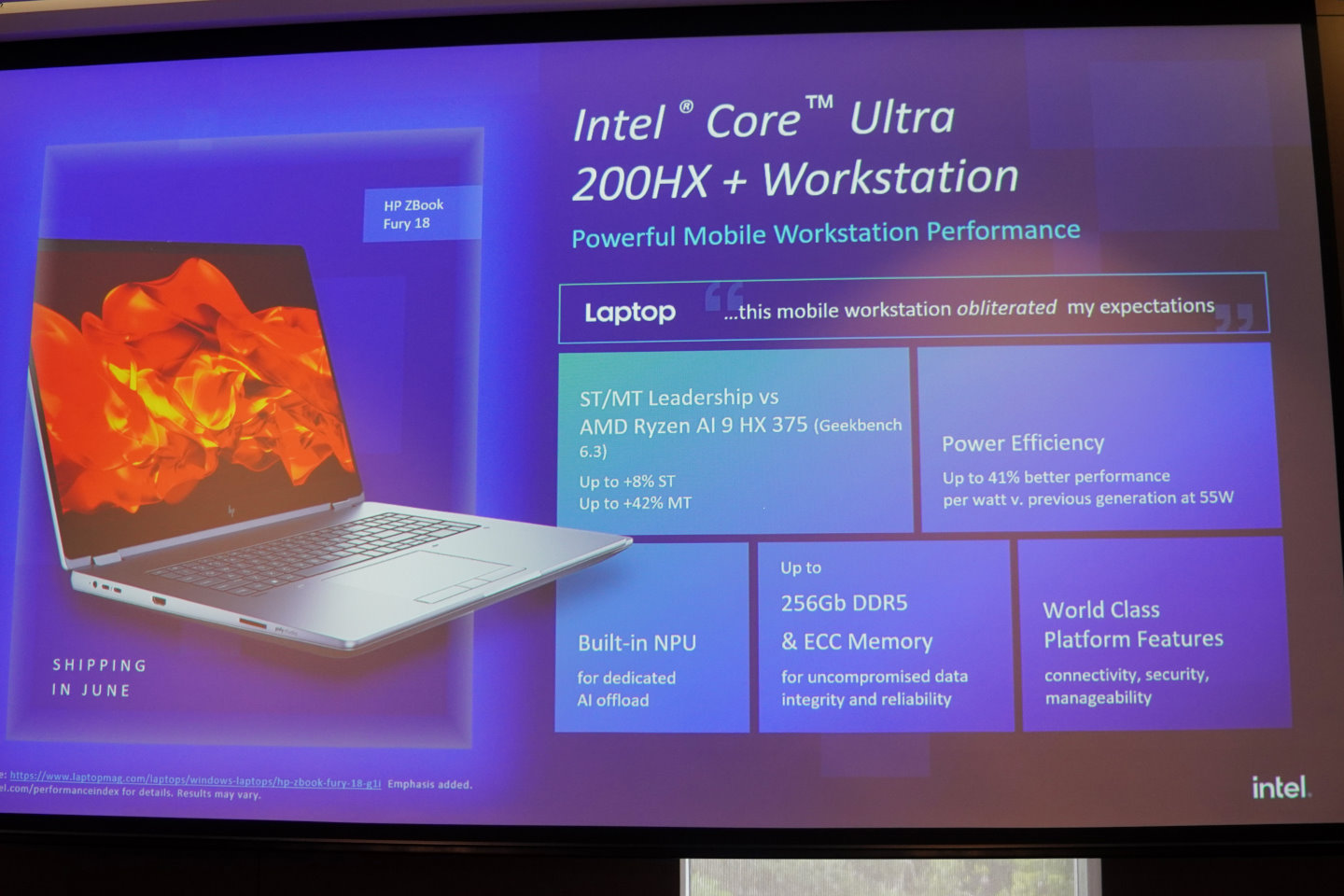 行動工作站則以Core Ultra 285HX處理器為例，單工與多工效能比AMD Ryzen AI 9 hx 375高出8%與22%。