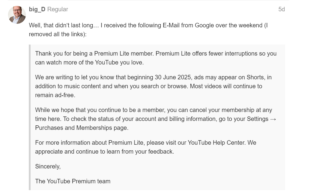 付錢訂閱還是要看廣告！Youtube Premium Lite 將於 6 月底插入更多廣告