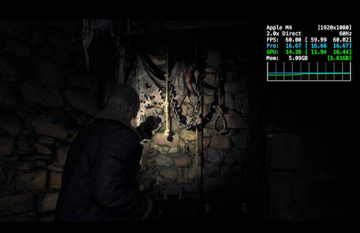 開啟「惡靈古堡 4 重製版」來看，將遊戲設定在 1920×1080 解析度下，MetalFX 關閉時有約 40~50fps 表現，開啟高畫質幾乎都可維持在 60fps 表現。
