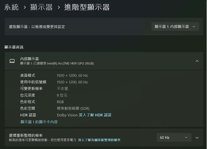 螢幕解析度為 1920×1200，更新率最高為 60Hz。