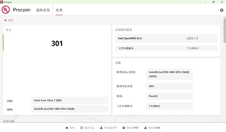 在 Intel OpenVINO 框架測試 CPU 的 AI 推論能力，於 iGPU 選擇 Float 32 測試精準度下，獲得 301 分。