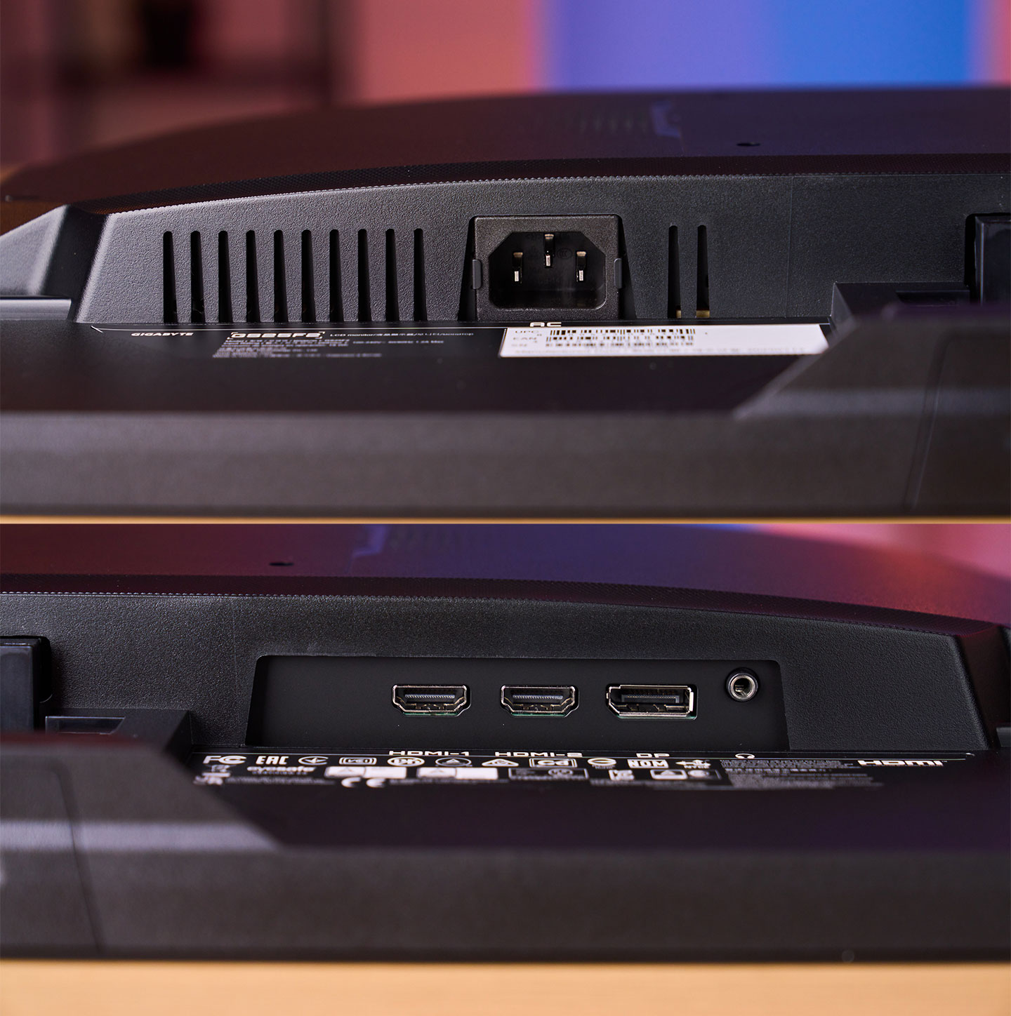 GS25F2 搭配內建式電源，機身底側設置了 3 Pin 接源接口，另外也提供兩組 HDMI 2.0 埠與一組 DisplayPort 1.4 埠，還有 3.5mm 的音訊輸出接口。