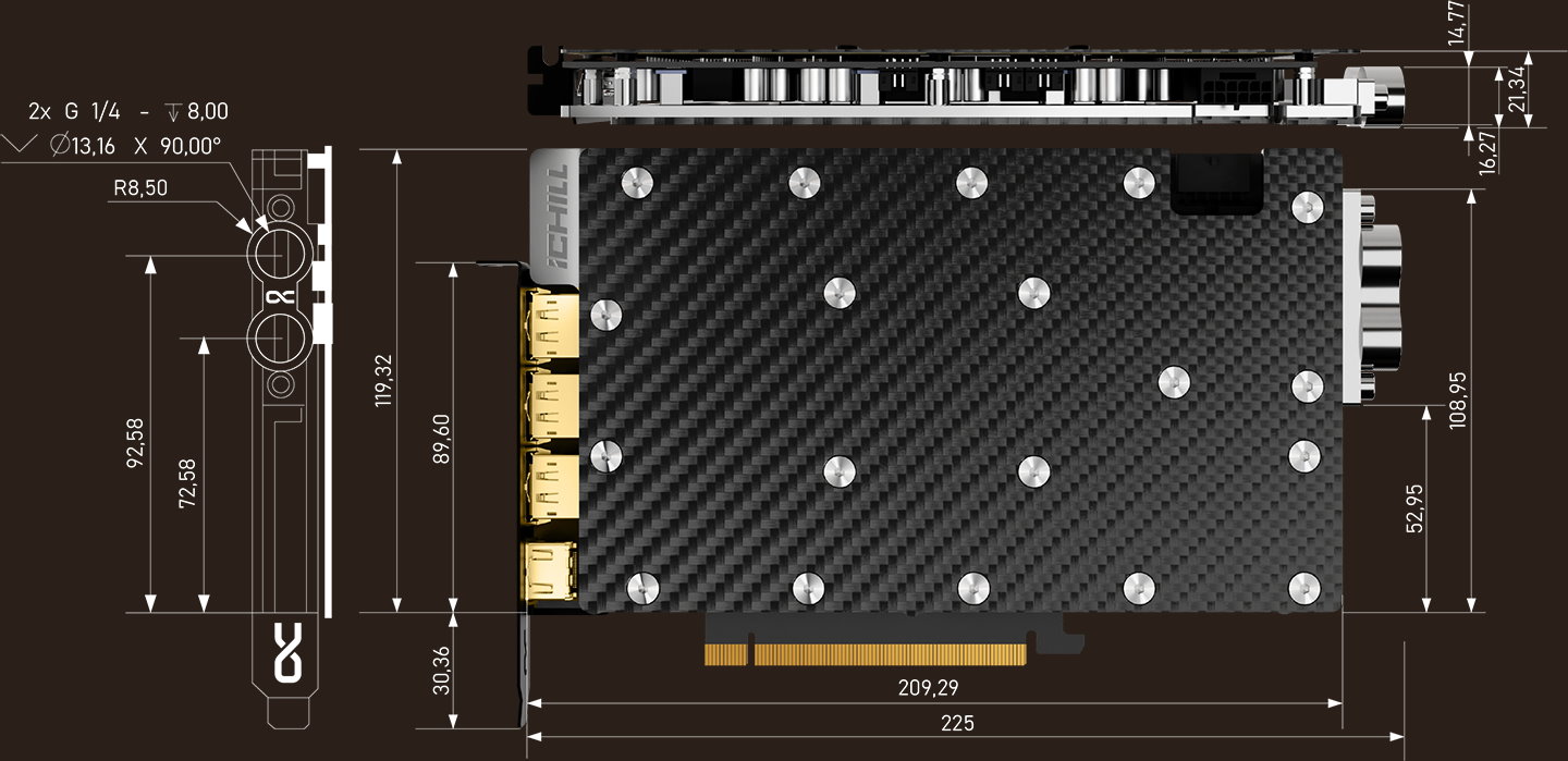 GeForce RTX 5090 iCHILL Frostbite Pro的尺寸參考圖。