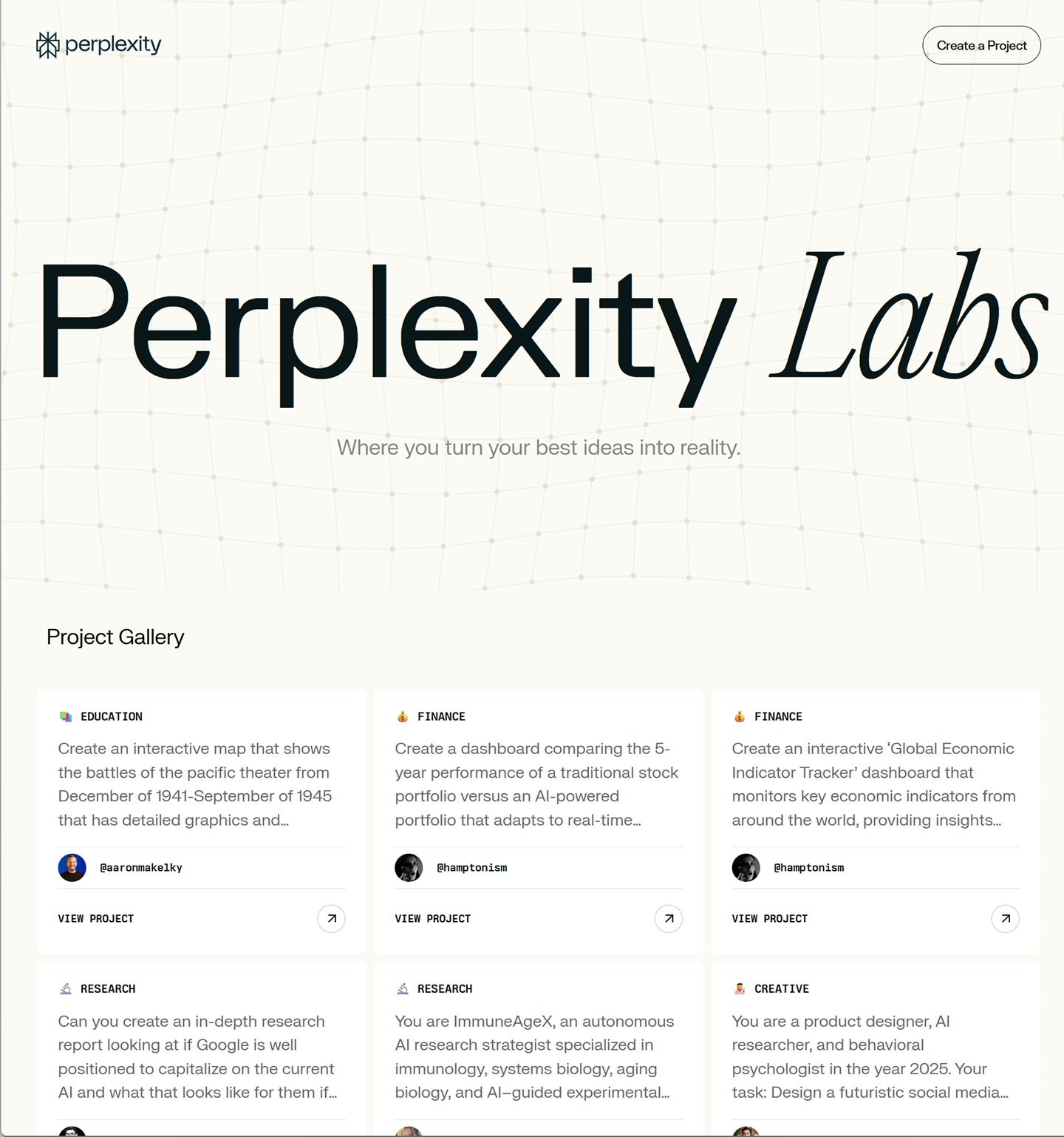 在 Perplexity Labs 的專案列表中，可以瀏覽到多種示範專案，提供更多元的參考範例。