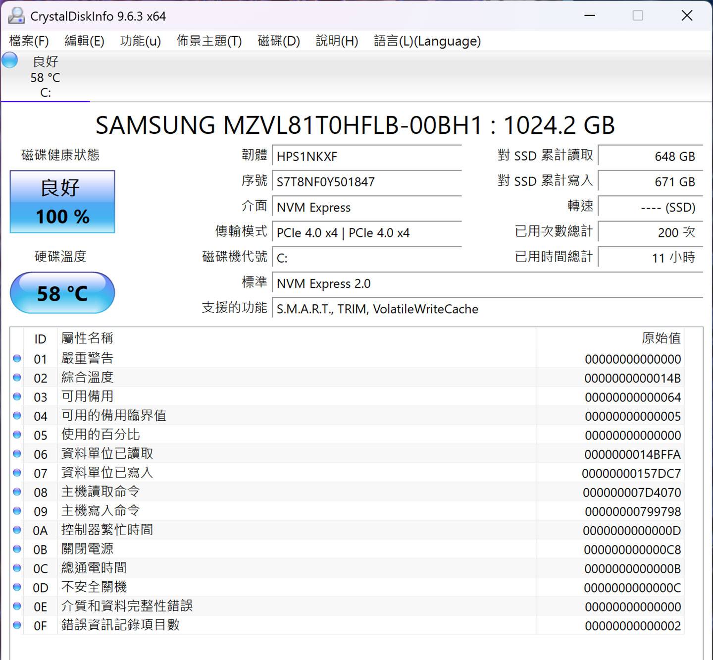 內建 SSD 的詳細規格，採用的是 1TB 的 PCIe Gen4 x4 規格、NVMe 2.0 標準的 SSD。
