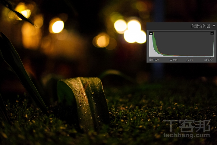 室內、夜景等照片，通常會盡量將曝光曲線向靠向直方圖的左側，讓影像維持暗調性。