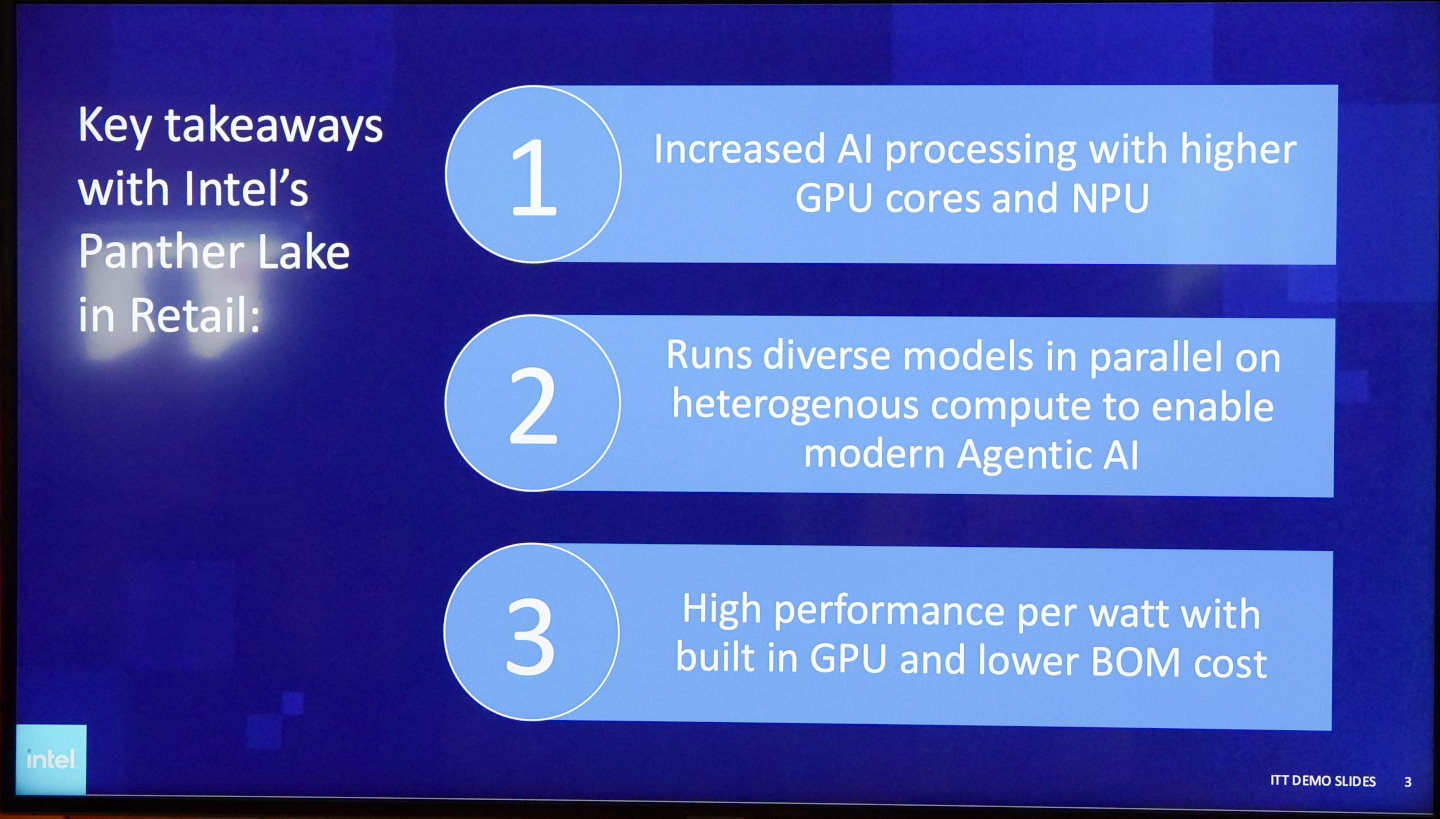 Panther Lake具有高效能GPU、NPU等運算單元，能夠執行多個AI模型以滿足代理式AI的使用需求。