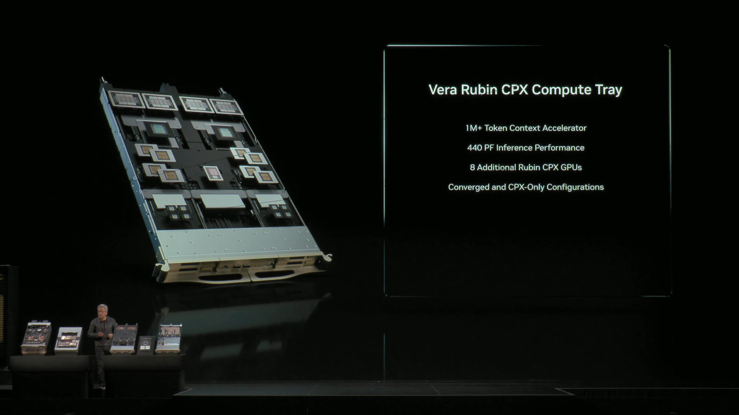 黃仁勳也提到Vera Rubin CPX運算托架，圖中左側最上方為2組Rubin GPU晶片封裝，往下其次為1組Vera CPU晶片封裝、4組Vera Rubin CPX晶片封裝、4組Connect-X網路晶片。右側亦同。