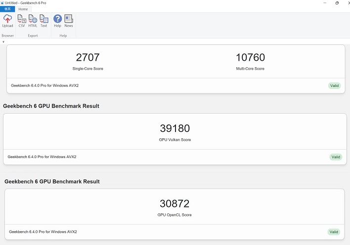 利用 Geekbench 6 Pro 進行測試，在單核心部分，單核獲得約 2,707 分，多核獲得約 10,760 分；內建 Intel Arc 140V 顯示晶片於 Vulkan 測試獲得的分數約為 39,180 分；於 OpenCL 測試獲得的分數約為 30,827 分。