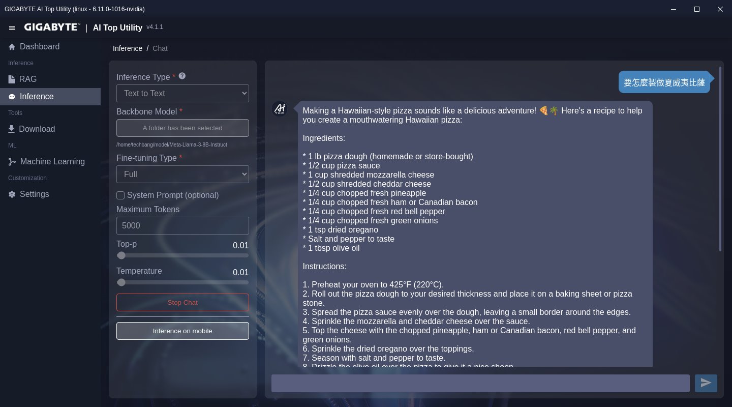 先試一下參數量比較小的 Llama-3-8B 模型，我們問它要怎麼製做夏威夷比薩，它可以瞭解中文提問，但是使用英文回答。