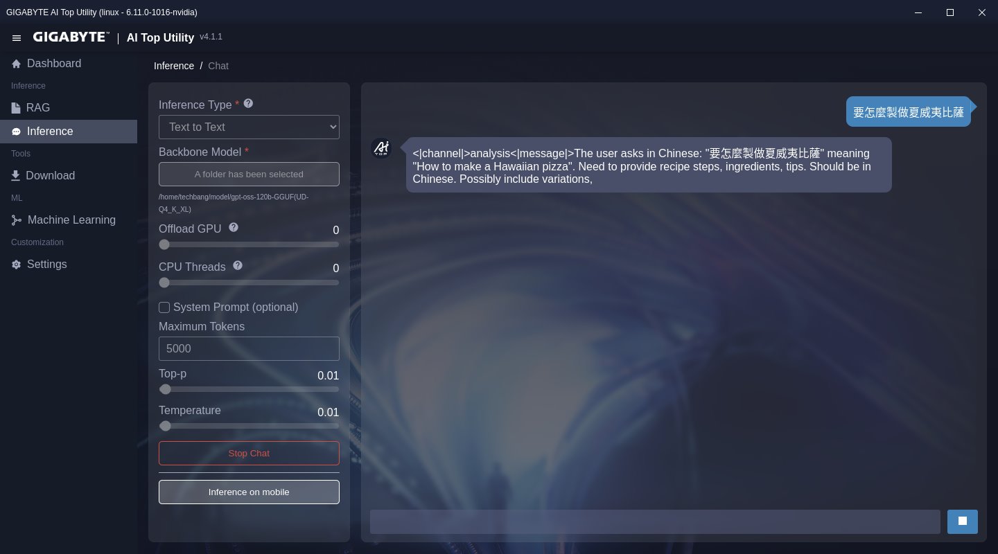 GPT-OSS-120B 有思維鏈的設計，會思考跟分析我們輸入的問題，它發現我們是用中文提問，但使用英文思考。