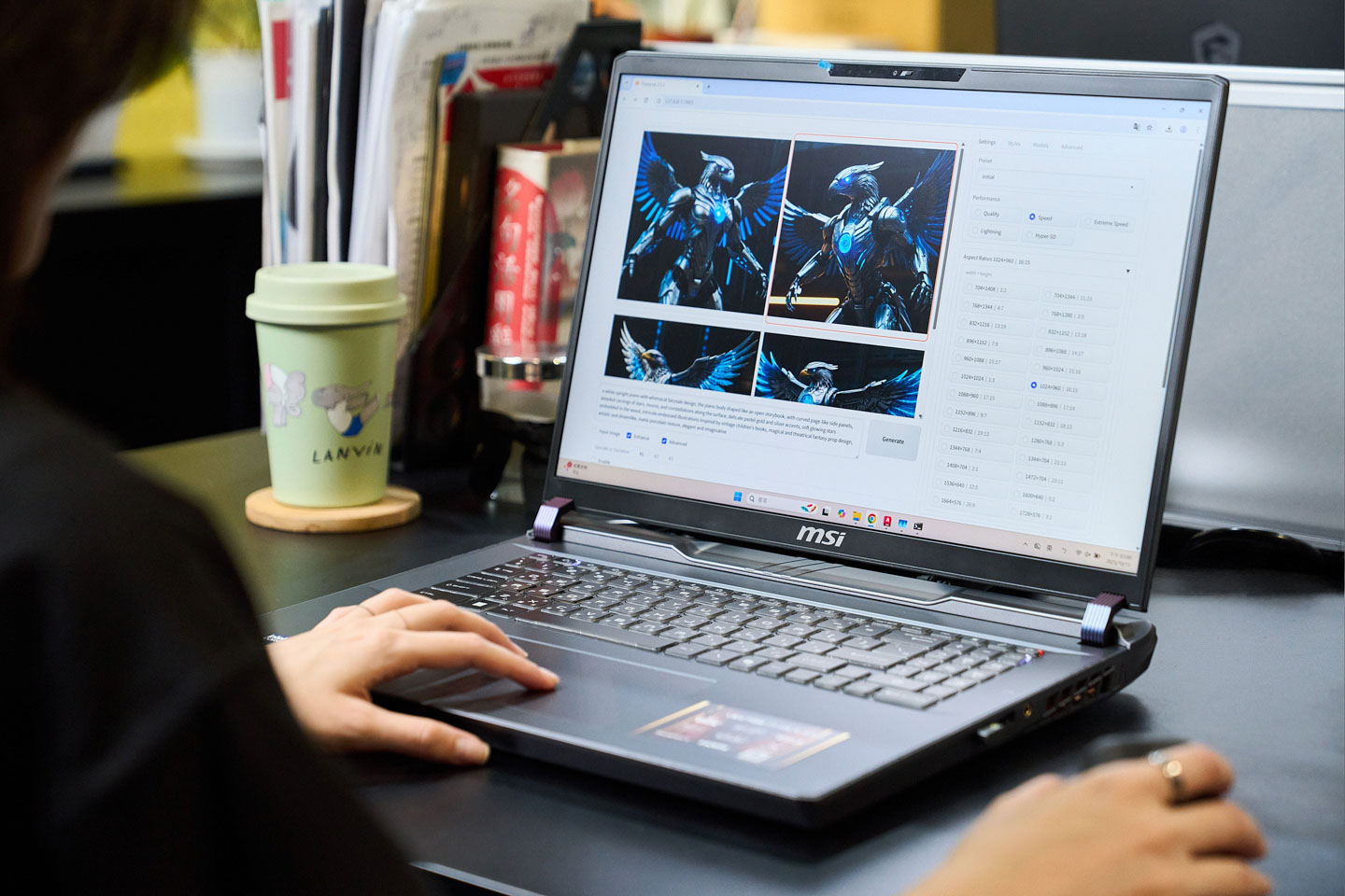 Vector 17 HX AI 內建強大的 NVIDIA GeForce RTX 5090 筆電版 GPU ，也讓林沂柔開始嘗試在本地端部署 Stable Diffusion 圖像生成 AI 平台，讓她更不受限地隨時隨地展開創意。