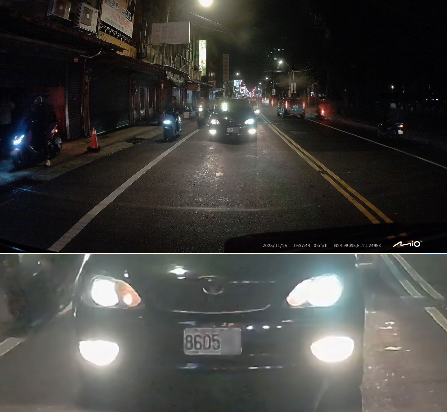 後鏡頭距離較遠的後車(約 20 公尺),放大影像後的車牌文字也一樣足夠清晰。就算距離拉開到大約 20 公尺,將影像放大後,車牌文字還是足夠清晰,沒有噪點過多或細節糊掉的情況。