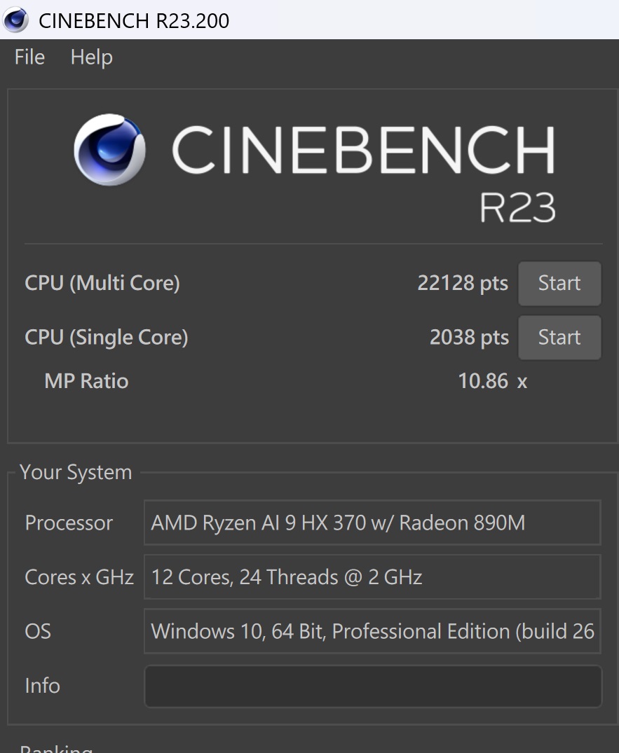 於 CINEBENCH R23測試中，CPU 多核心為 22,128 pts，單核心為 2,038pts，多、單核心的效能差距倍數為 10.86x。