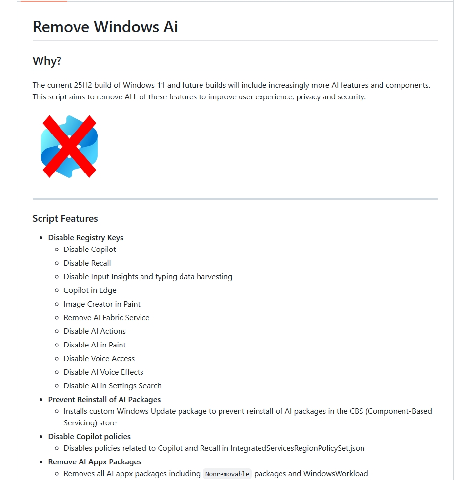 受夠Win11硬塞AI給你？網友開發「RemoveWindowsAI」腳本，一鍵掃蕩還你清淨