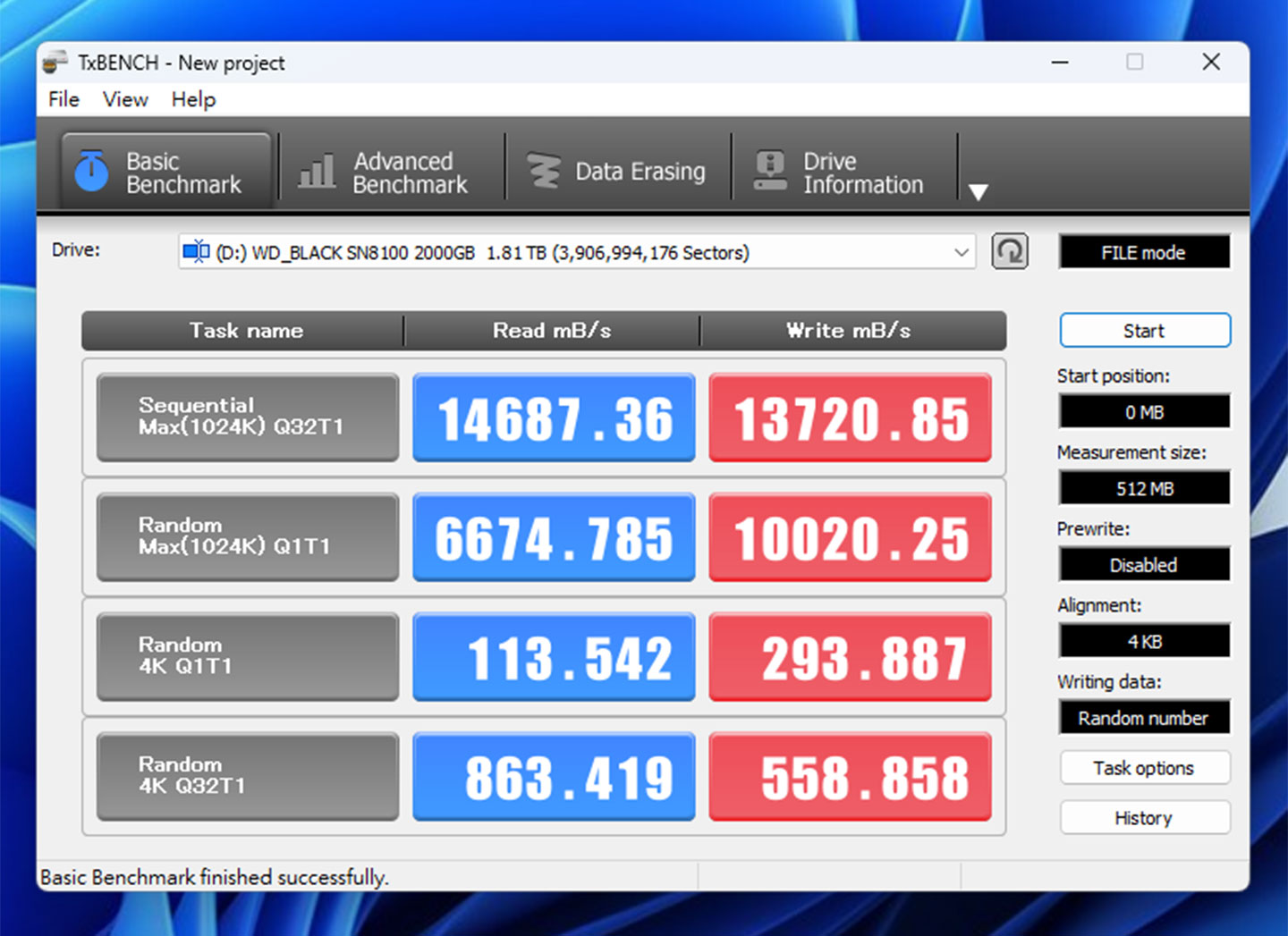 透過 TxBENCH 進行跑分，測得循序讀取速度為 14,987.36 MB/s，循序寫入速度為 13,720.85 MB/s。