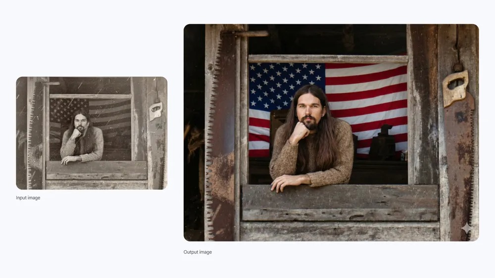 提示詞:修復這張照片。消除模糊感、去掉白色的條紋,並加入鮮豔生動的顏色。保持人臉長相不變。