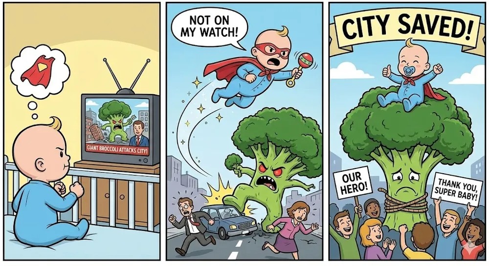 提示詞:製作一個三格漫畫,講述一個嬰兒變身成超級英雄,從一大塊邪惡的青花菜手中拯救城市的故事。