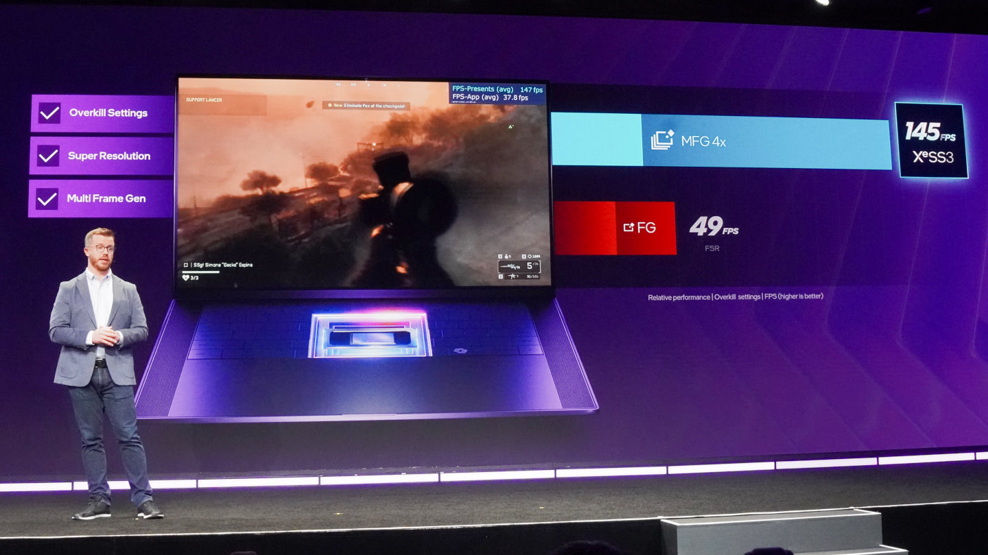 若是開啟XeSS多重畫格生成，遊戲的FPS效能更是領先Ryzen AI 9 370搭配畫格生成近2倍。