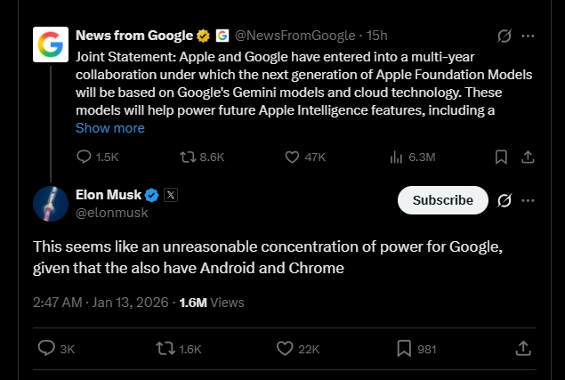 馬斯克怒槓蘋果、Google 結盟！痛批 Gemini 植入 Siri 是「不合理的權力集中」