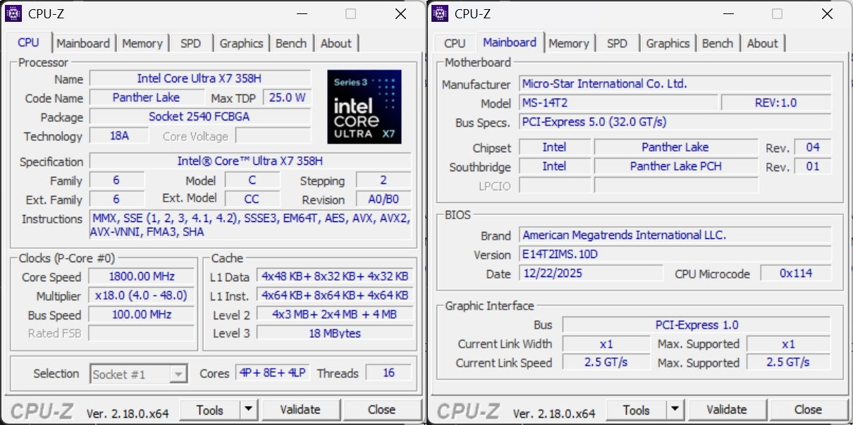 本次測試的主角Intel Core Ultra X7 358H處理器與主機板之CPU-Z資訊。