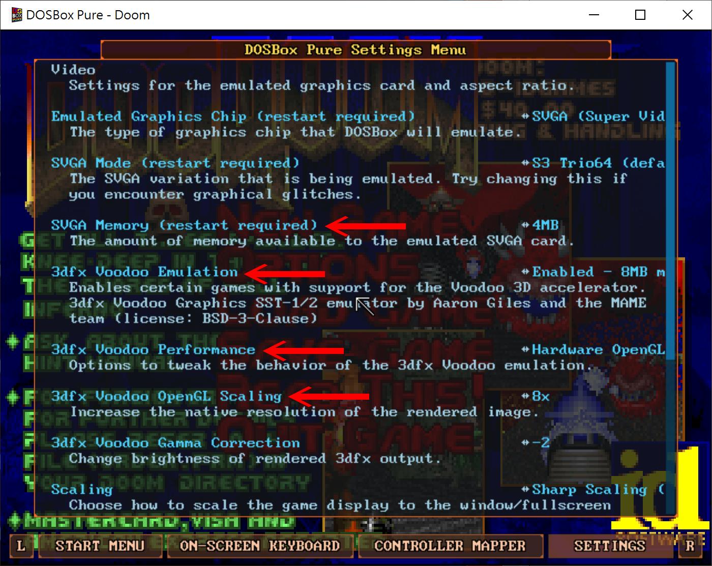 在Video（畫面）頁面則有比較多選項需要注意。建議將Emulated Graphic Chip（模擬顯示晶片）、SVGA Mode（SVGA模式）分別維持在預設的SVGA與S3 Trio64。SVGA Memory（SVGA記憶體）則建議調整為4MB，3dfx Voodoo Emulation（Voodoo 3D加速卡模擬）建議維持預設的開啟、8MB，如果遊戲需求更多記憶體則可調整為12MB。3dfx Voodoo Performance（Voodoo 3D加速卡效能）、3dfx Voodoo OpenGL Scaling（Voodoo 3D加速卡升頻）則盡量設定為Hardware OpenGL與8x，使用硬體加速並開啟最佳升頻效果。
