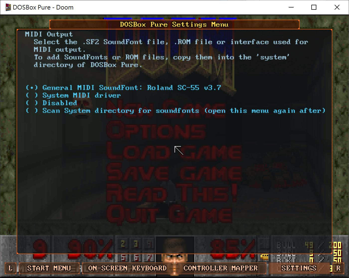 將對應的.SF2格式SoundFont檔案放在DOSBox Pure Unleashed的System資料夾後，就可以在這邊選擇想要使用的檔案。更多細節可以參考先前的教學。