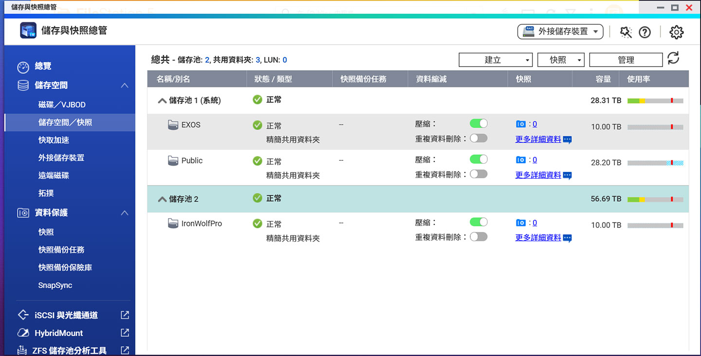 分別將 EXOS 與 IronWolf Pro 的硬碟建置不同的儲存池並開啟對應的共用資料夾作為實測基礎。