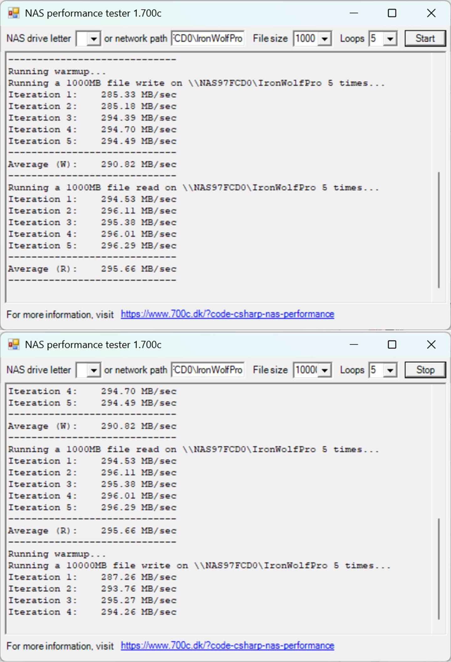 透過 NAS performance Tester 進行檔案傳輸實測，將測試路徑指向安裝 IronWolf Pro 32TB 版的 QNAP TVS-h874 資料夾，圖上將檔案尺寸設定為 1000，圖下將檔案尺寸設定為 10000，皆獲得平均 290 - 295 MB/s 的傳輸速度成績。