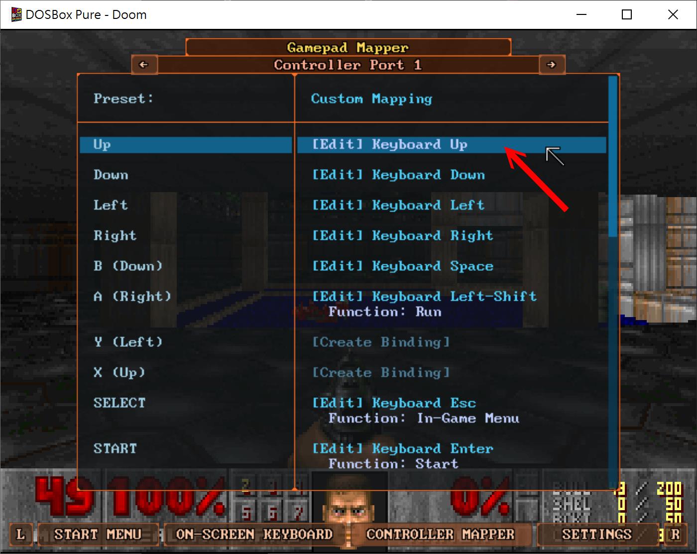 開啟選單後切換到「Controller Mapper」（控制器映射）分頁能夠設定遊戲控制器。舉例來說明我們要將遊戲手把的上設定為送出模擬系統鍵盤的「方向鍵↑」，就先選擇Up（上）項目。