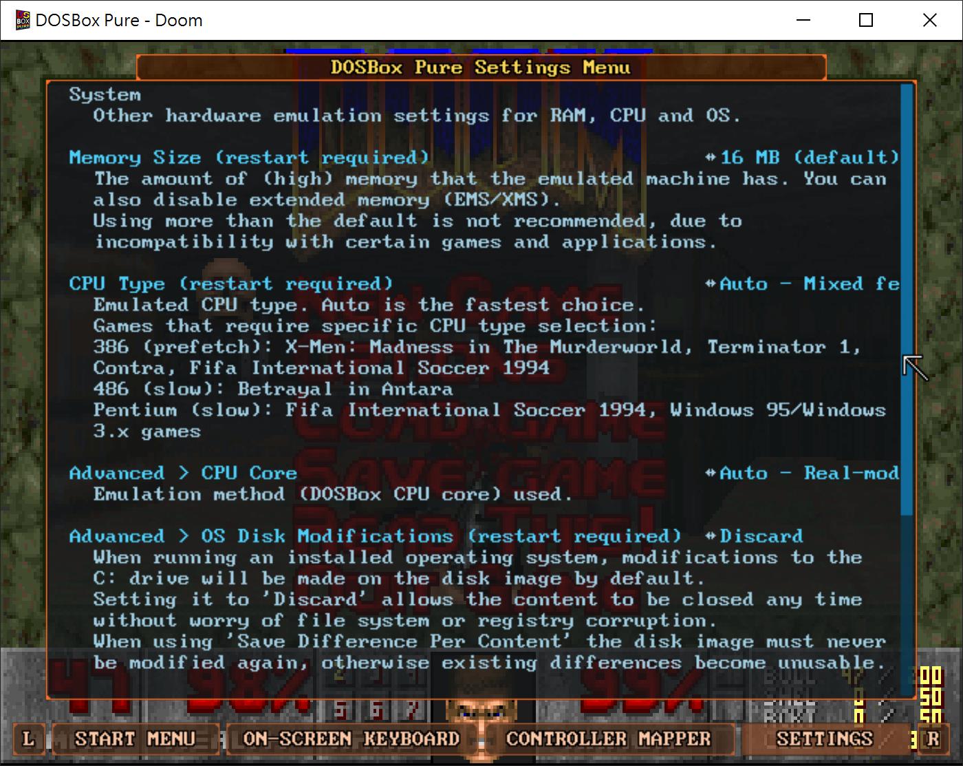 筆者強烈建議將DOSBox Pure Unleashed內的「作業系統硬碟變更」選項設定為「捨棄」（Discard），捨棄所有C槽的異動，可以避免作業系統毀損。（如果沒有照正常程序進行模擬Windows作業系統關機，就直接關閉DOSBox Pure Unleashed，也不會毀損）