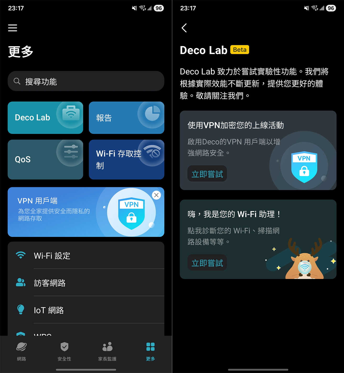 Deco App 中也有更多進階功能，像是 Deco Lab 中就提供 VPN 加密的設定功能，以及可以診斷網路安全、掃描設備的 Wi-FI 助理。