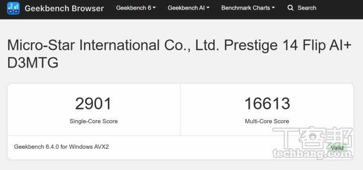 在 Geekbench 6 測試中，單核心成績約為 2,901 分，多核心則達到約 16,613 分。