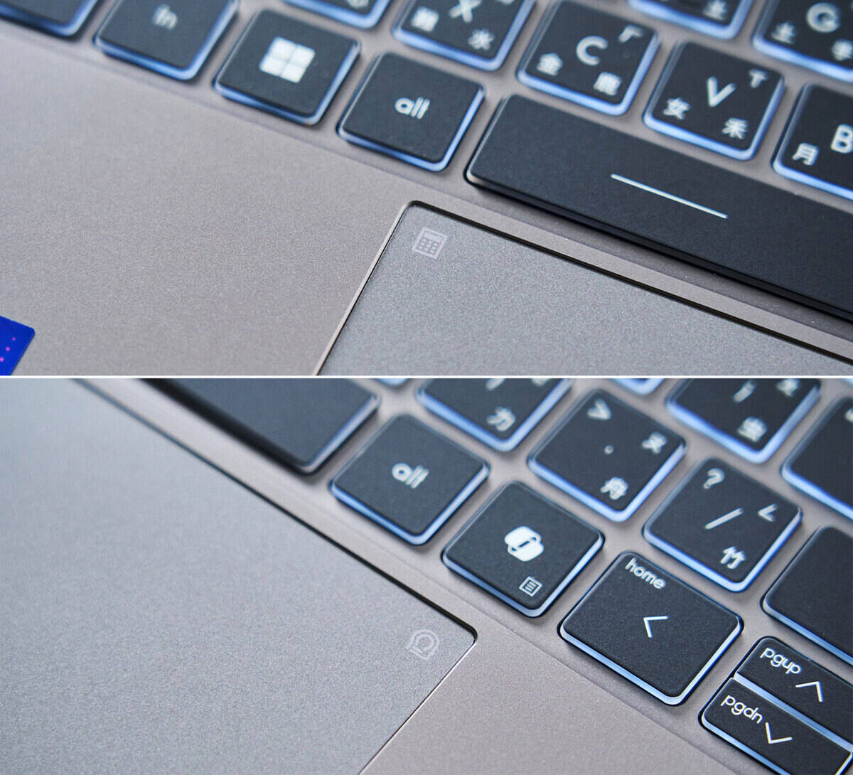 全能觸控板左右上角壓印了計算機與 MSI Center S 的圖示，可透過觸控快速啟用。