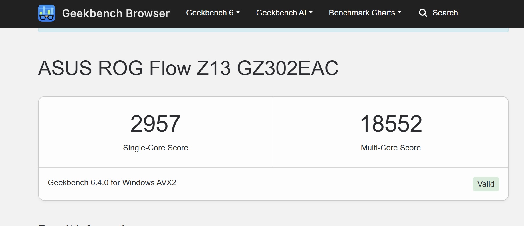 以 Geekbench 6 進行測試，在單核心部分，單核獲得 2,957 分，多核獲得 18,552 分。