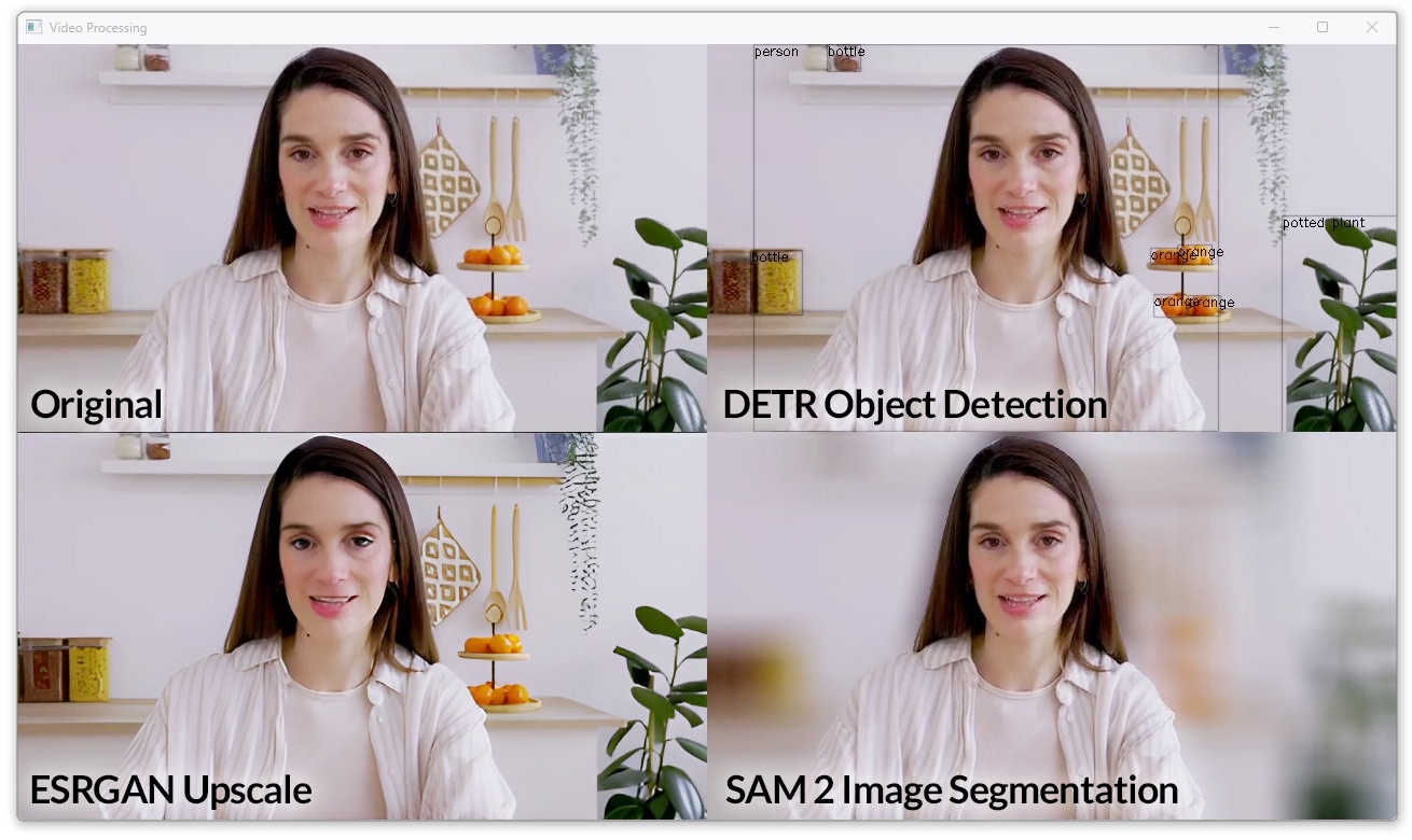 舉例來說Computer Vision 2.0測試項目中的DETR會標注左上原始圖片中的物品，Real-ESRGAN會放大並強化畫質，SAM2則可在識別人像後將背景模糊化。