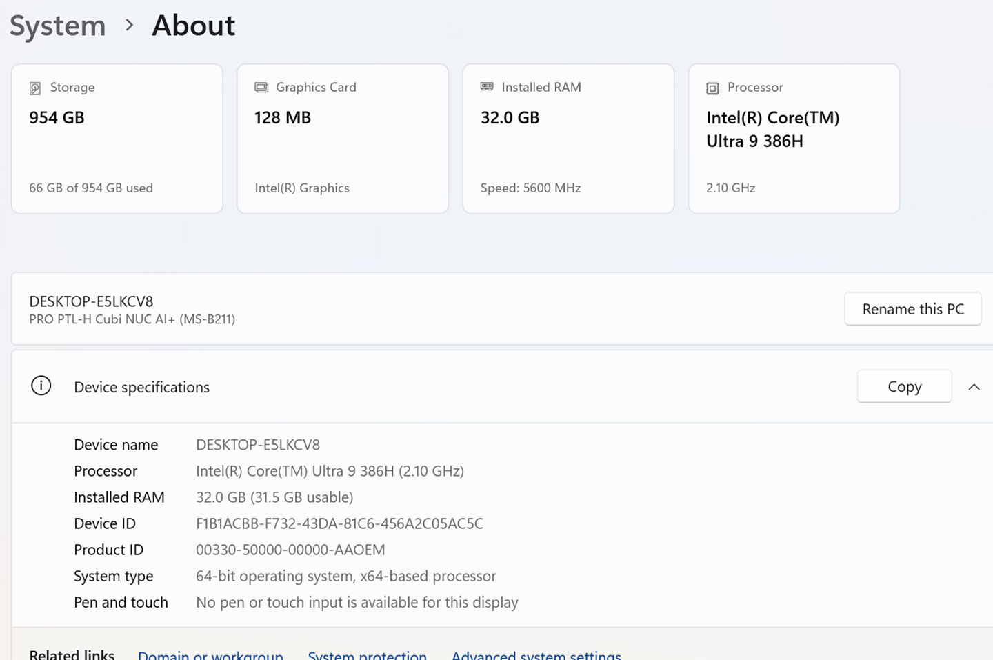 MSI Cubi NUC AI+ 的系統資訊一覽。