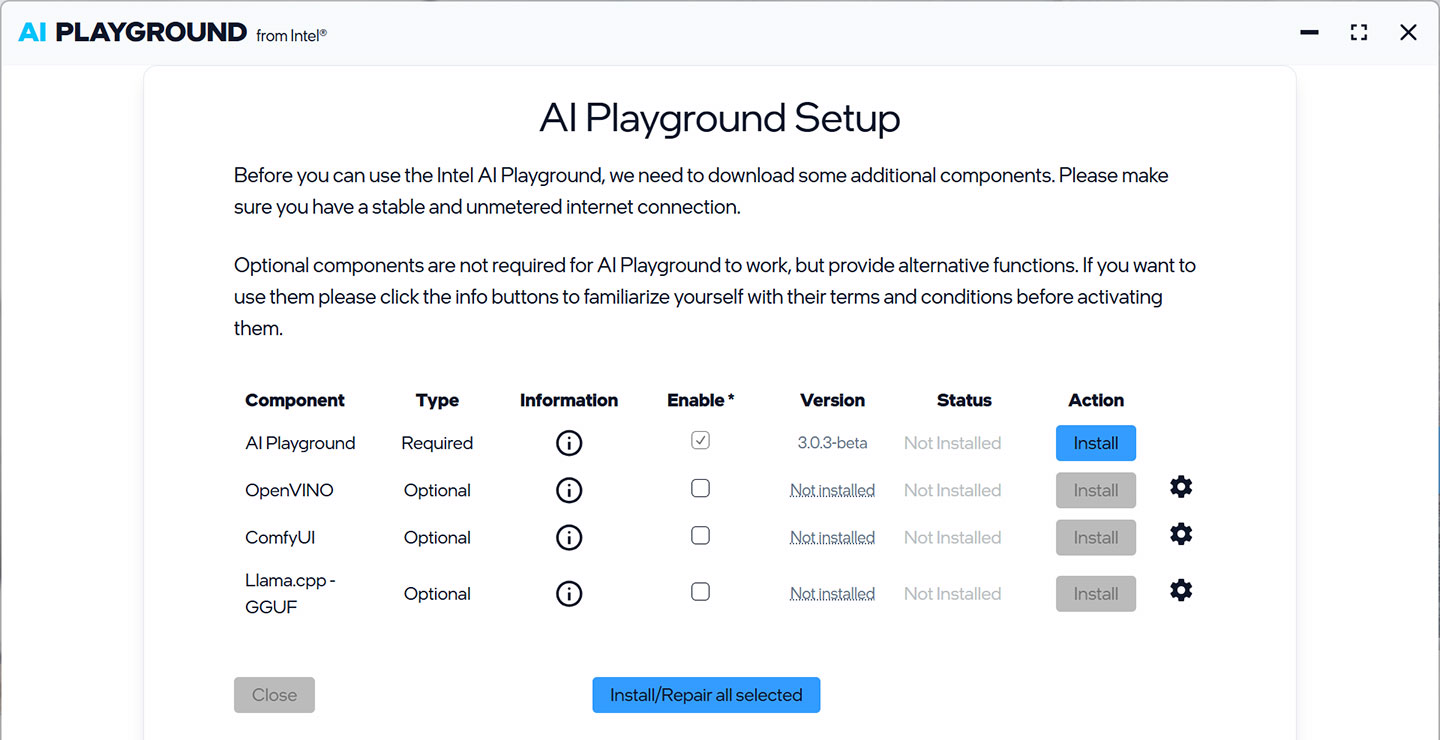 在 AI Playground 安裝時，會直接列出系統需求的相關元件，依序按下「Install」下載安裝即可，沒有其他複雜的設定。
