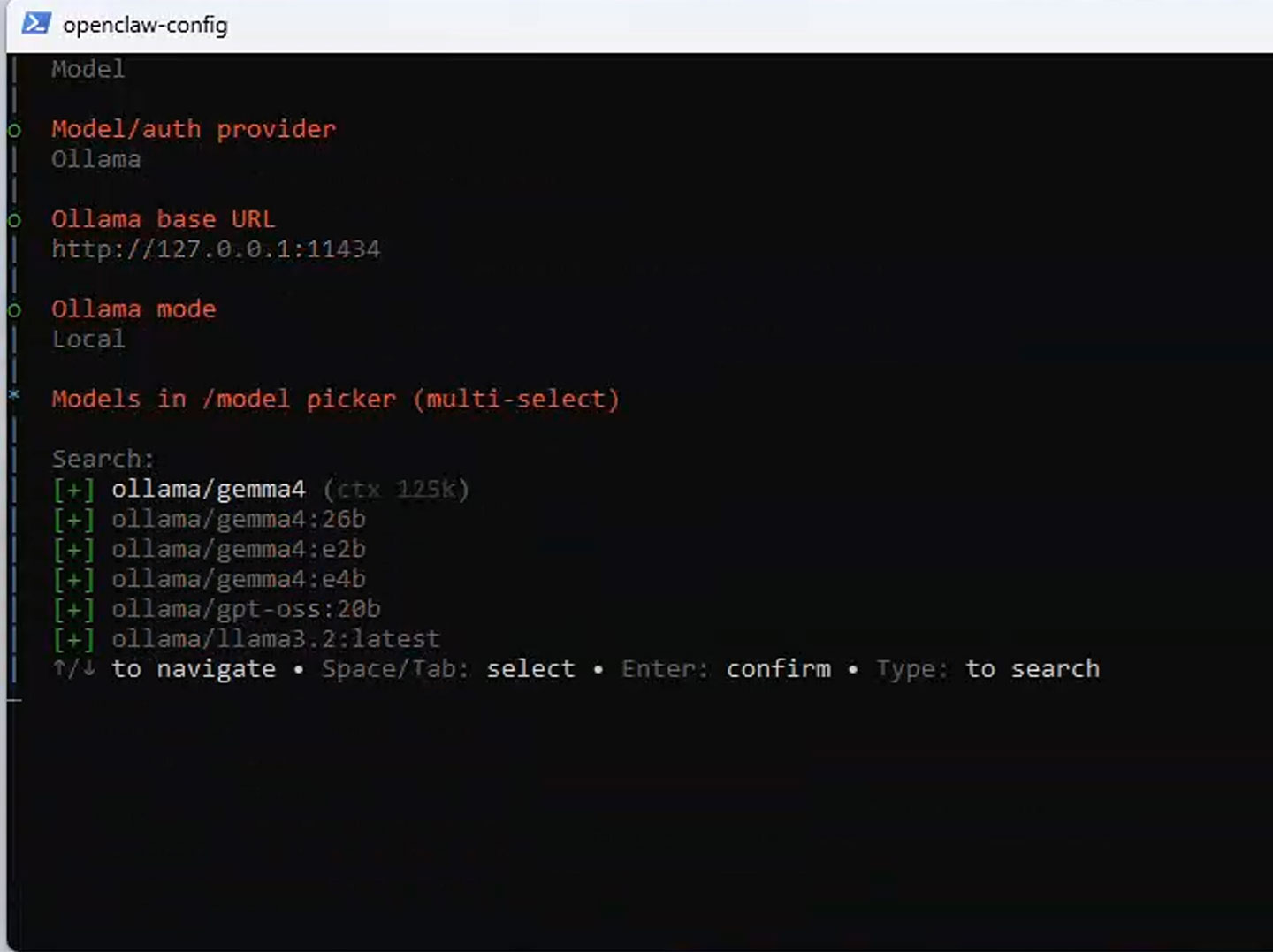 透過 Open Claw 的設定功能，我們可以透過 Ollama 選擇已經下載的公開 LLM 模型，以 Cubi NUC AI+ 的效能來說，就蠻適合使用 Google 最新開放的 Gemma4 模型，可選擇 Gemma4 或是 e2b、e4b 的大小，或是 Meta 的 llama 3.2 版本。