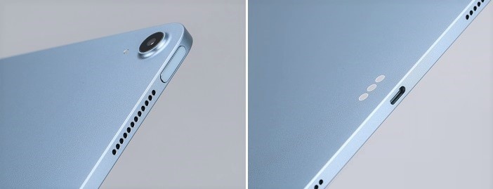 電源鍵結合 Touch ID 解鎖功能，並也有提供音量調整鍵。底部配置 USB Type-C 埠，支援 USB 3 規格，最快可達 10Gb/s 的傳輸速度。