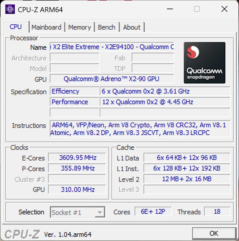Snapdragon X2 Elite Extreme X2E-96-100的CPU-Z資訊。