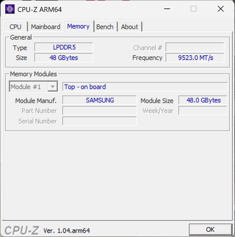 記憶體為整合於SoC封裝上的48 GB LPDDR5-9523。