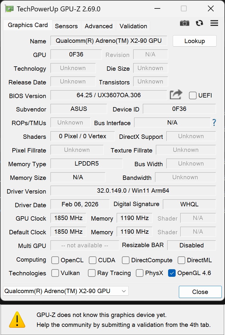 內顯顯示晶片為Adreno X2-90，截稿時最新版的GPU-Z尚未能正確辨識。