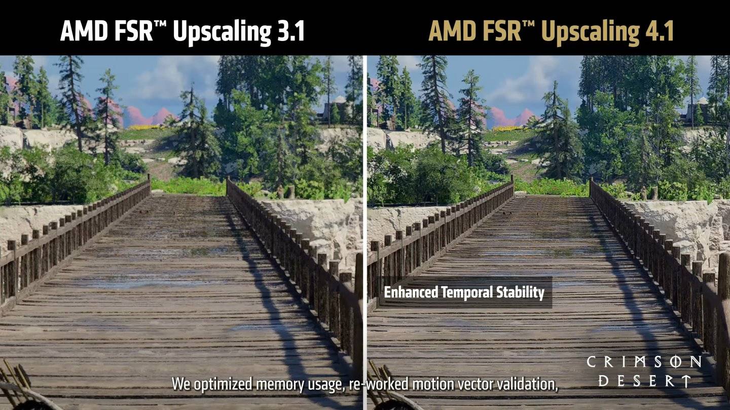 在動態畫面中，FSR Upscaling 4.1可以降低木橋上水灘閃爍的視覺瑕疵。